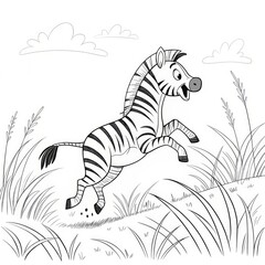 A playful zebra jumps in a grassy landscape under a cloudy sky.