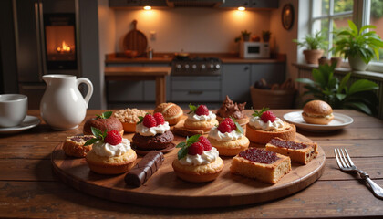  Assorted desserts on wooden table in cozy kitchen.

