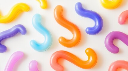Colorful abstract shapes scattered on a white background, creating a playful and vibrant atmosphere
