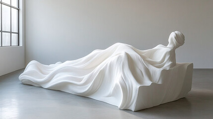 Elegant White Fabric Sculpture with Soft Waves in Natural Light