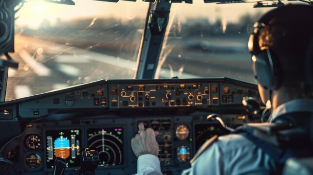 A pilot performing pre-flight checks in a cockpit, with a view of the airplane's controls and runway visible through the window, Cockpit scene