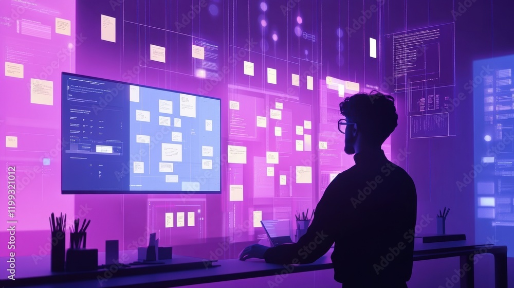Aufkleber a microfactory control station filled with digital planning boards where operators use sticky notes 