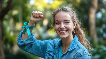 Empowered woman raising teal ribbon fist for awareness and support