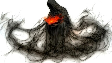 Fototapeta premium a high-resolution photo of A dark figure clutching a glowing book, surrounded by swirling black mist isolated on white background, photorealistic, ultra-sharp focus, clear details, studio lighting,