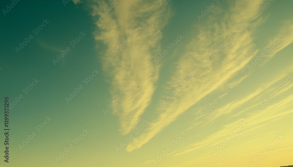 Poster serene sunset sky with delicate, wispy clouds creating a peaceful and ethereal atmosphere. perfect f