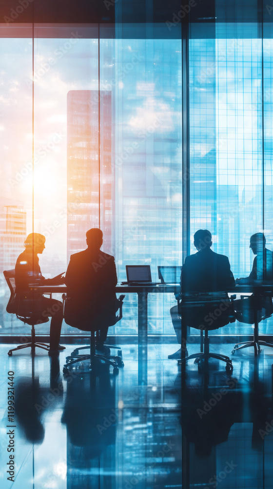 Poster businesspeople are sitting at a table using laptop computers with a city skyline view in the backgro