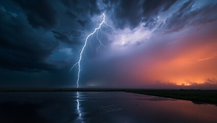 Lightning Strike Under a Dark Stormy Sky with Ground Reflection &ndash; Dramatic Fantasy Background