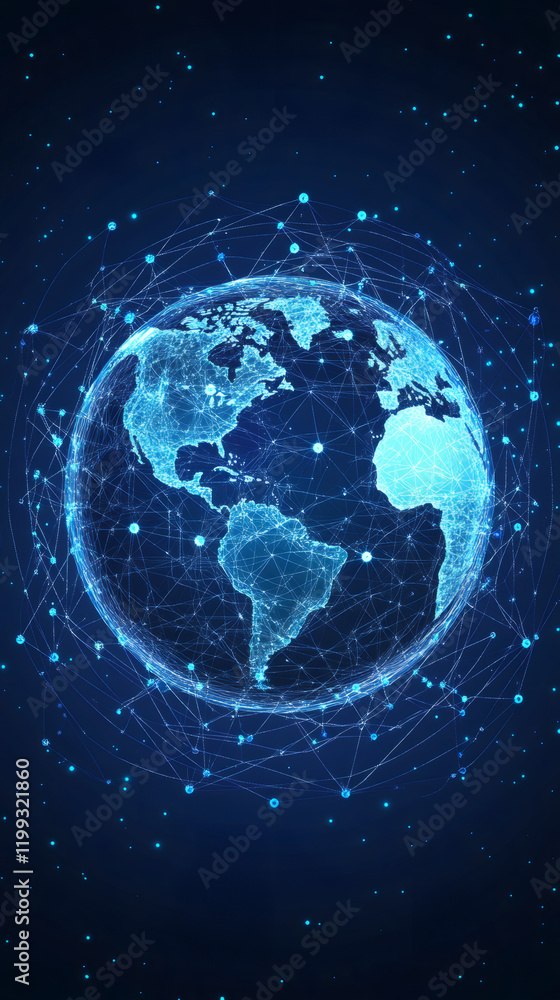 Aufkleber Planet Earth rotating surrounded by network representing global communications, internet and social media connections on blue background