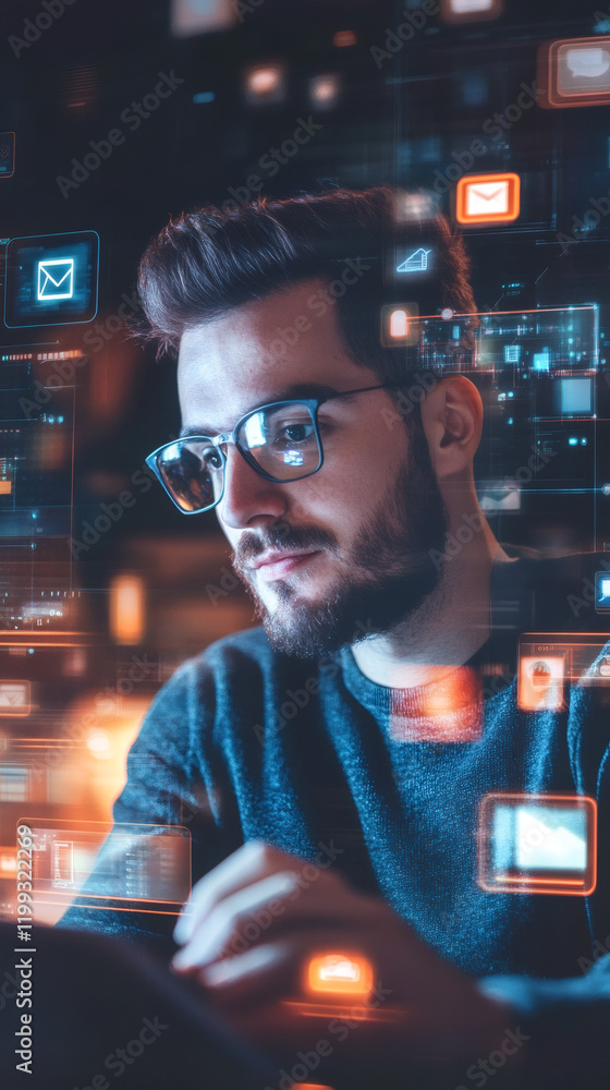 Poster Programmer working with augmented reality holographic computer interface, concept of future technology