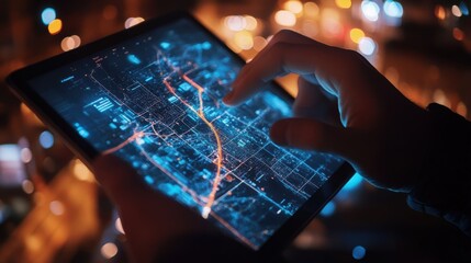 A closeup of a digital tablet displaying a realtime map of local suppliers with highlighted routes to a manufacturing site showcasing modern technology and shorter supply chains.