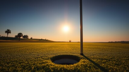 Sunrise Golf Course Shadowed Flagstick, Serene, Picturesque, AI Photo