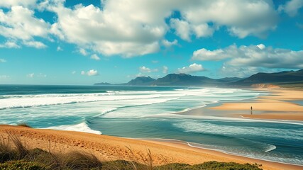Obraz premium Sunny Cloudy Bass Strait Coast, Great Ocean Road, Surfing Beach, Green Hills, Australia