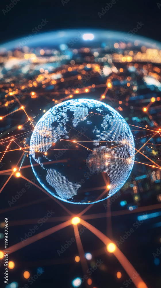 Poster Digital world connecting global business through network and nodes with a blurred background of city lights