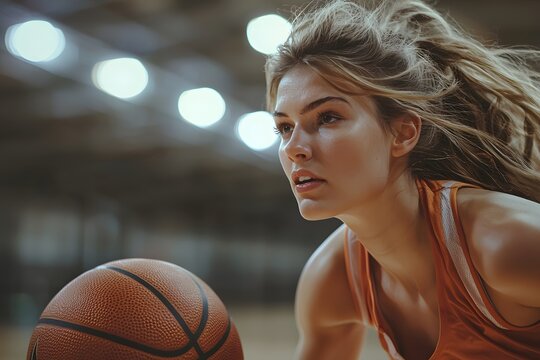 Dynamic female basketball athlete focused on the game. Generative AI