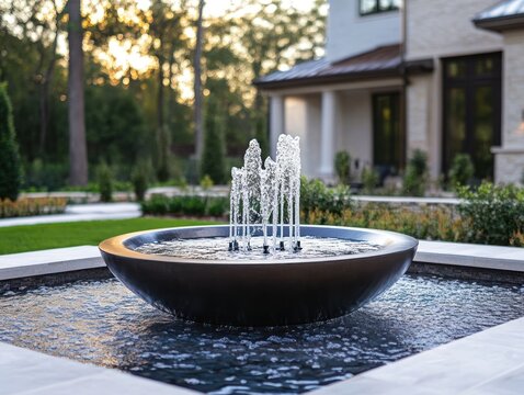 Water feature with fountain and modern architecture in a lush garden setting