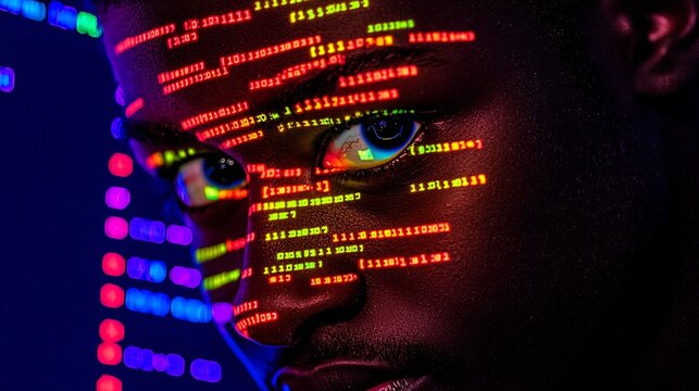 Macro shot of an eye with reflections of colorful coding symbols and linear programming patterns in a dynamic glow