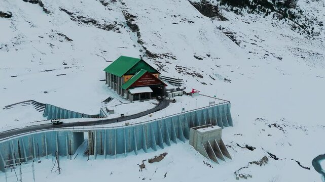 cinematic drone shot of Atal tunnel in winters.