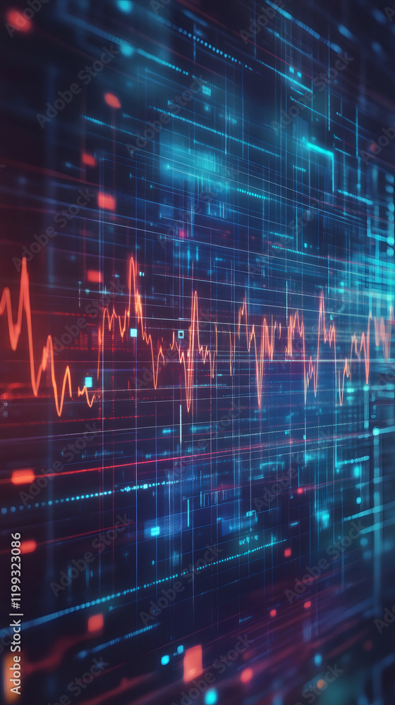 Leinwandbilder digital red wave streaming across blue glowing interface, displaying data analysis, processing, visu