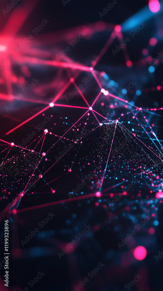 Poster Complex network made of connected dots and lines forming a futuristic plexus structure with glowing lights