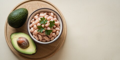 White beans and avocado halves on wooden board