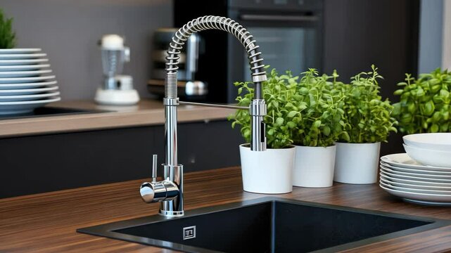 Explore a contemporary kitchen showcasing a sleek faucet, fresh herbs in pots, and neatly arranged dinnerware that enhances functionality