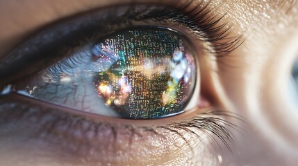 Futuristic eye reflecting intricate holographic data charts and glowing codes in a high-tech environment