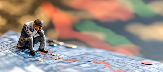 A concept image illustrating the impact of joblessness and unemployment, with symbols of recession, layoff, and bankruptcy. The backdrop conveys a sense of workforce crisis and business challenges