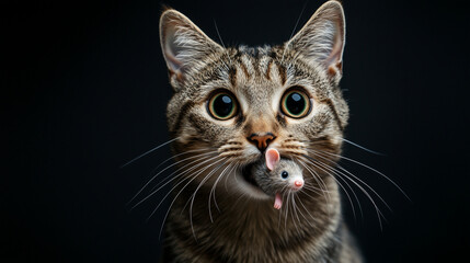 A cat with a surprised expression, a toy mouse in its mouth, on a black background