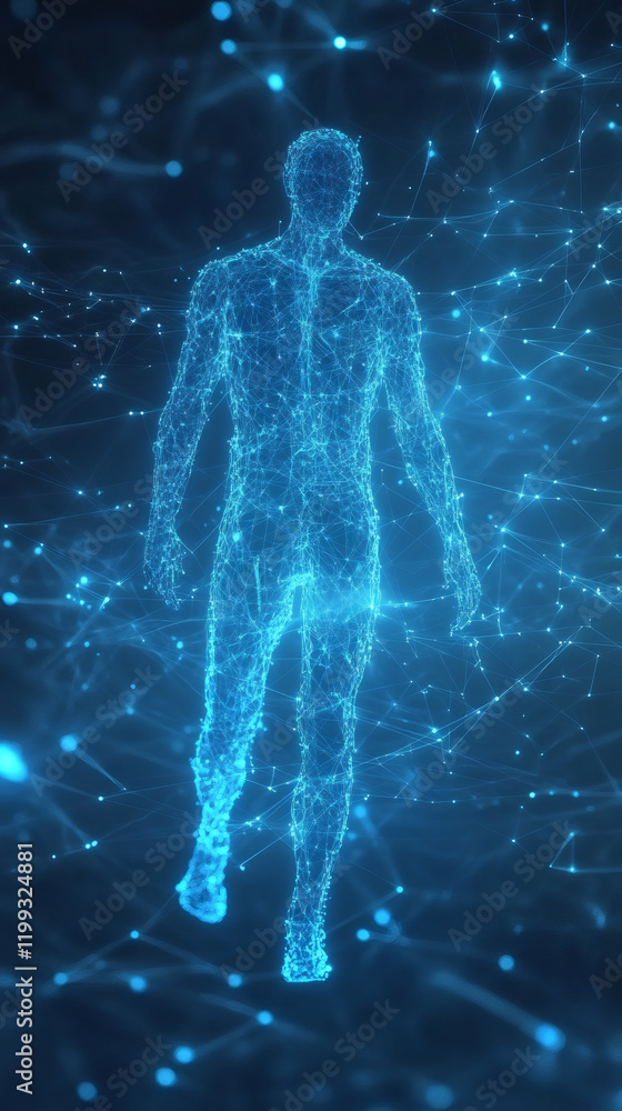 Poster digital silhouette walking, neural network lines connecting human figure, symbolizing ai technologic