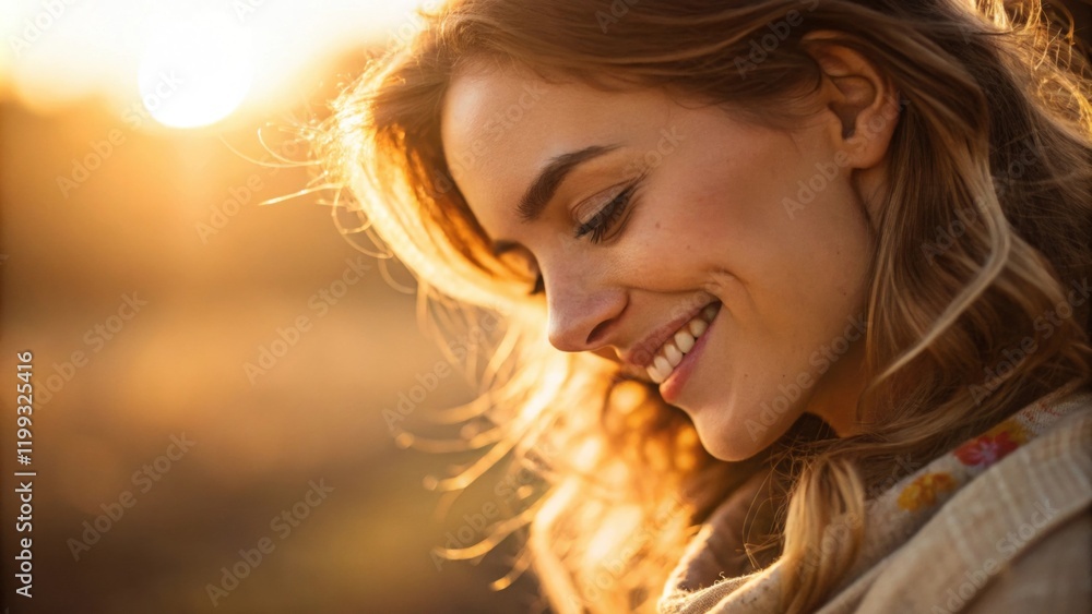 Poster a gentle smile graces the face where soft golden rays of light converge creating an ethereal softnes