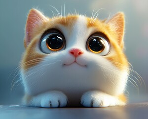 Fototapeta premium Adorable cartoon kitten with big eyes looking up.