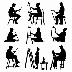 Obraz premium 10 black simple silhouette depictions of humans performing various professional activities on a white background