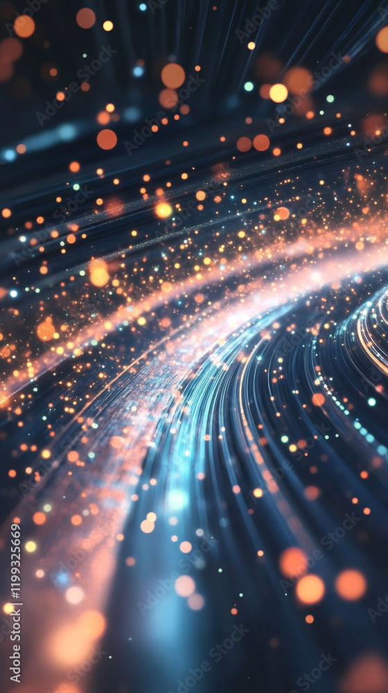 Poster Glowing blue and orange particles flowing along light trails creating a futuristic data transfer visualization