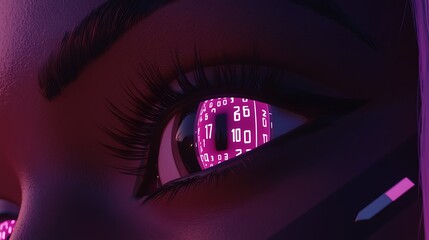 Close-up of a dynamic eye reflecting vivid holographic binary numbers in a vibrant futuristic ambiance