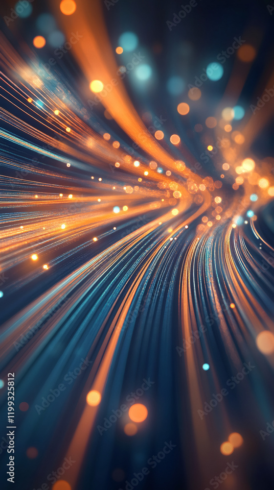 Aufkleber Fiber optic cables transmit digital data with a glowing bokeh effect, creating a futuristic and technological visual