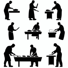 10 black simple silhouette depictions of humans performing various professional activities on a white background