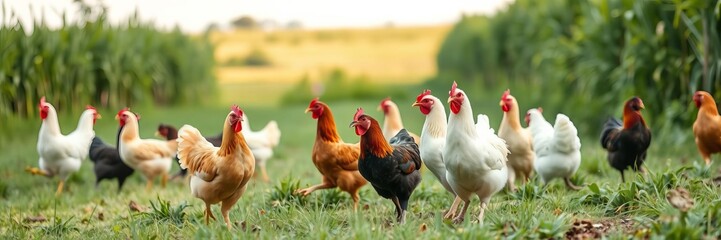 Fototapeta premium Chickens freely roam lush green pasture on a peaceful farm, embodying sustainable agriculture and animal welfare, peaceful, idyllic