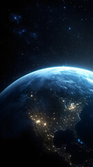 Fototapeta premium Earth rotating in space, showcasing city lights illuminating North America during the nighttime, revealing a stunning cosmic view