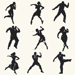 10 black simple silhouette depictions of humans performing various professional activities on a white background