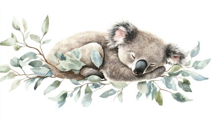 Obraz premium A koala gazing sleepily, clutching eucalyptus leaves, isolated on a seamless white background,