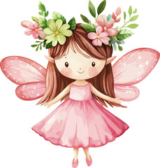 Cute Fairy In a Pink Dress Watercolor. Vector Illustration.