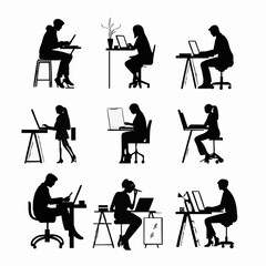 10 black simple silhouette depictions of humans performing various professional activities on a white background