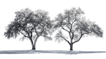 Obraz premium Two trees with detailed branches and leaves casting a shadow on a white background
