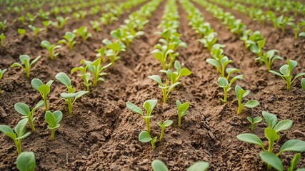 Close up of vibrant young plants thriving in a lush field, showcasing sustainable farming agriculture practices, young plants, farming industry