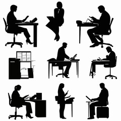 10 black simple silhouette depictions of humans performing various professional activities on a white background