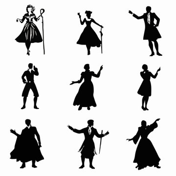 10 black simple silhouette depictions of humans performing various professional activities on a white background