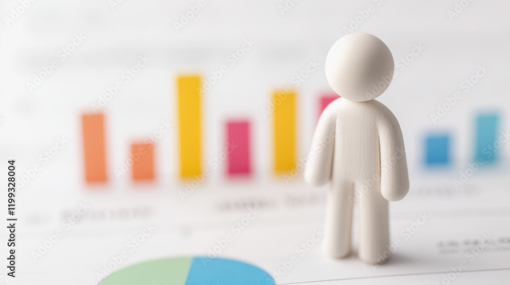 Poster a small figurine stands in front of colorful bar graphs, symbolizing data analysis and performance m