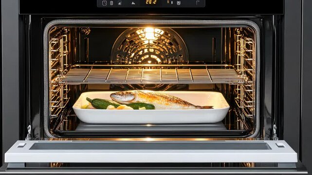Fresh fish and vibrant vegetables are being prepared in an oven, highlighting healthy cooking techniques in a stylish kitchen setting