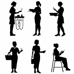 10 black simple silhouette depictions of humans performing various professional activities on a white background