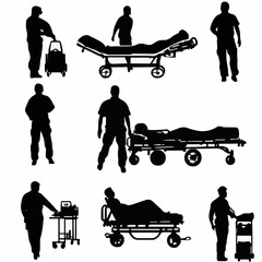 10 black simple silhouette depictions of humans performing various professional activities on a white background